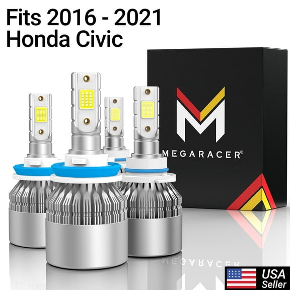 Mega Racer 2016-2021 Honda Civic H11 9005 LED Headlight Bulb (4 PACK) - 6000K Bright White 40W 8000LM - High & Low Beam Replacement Car Bulbs