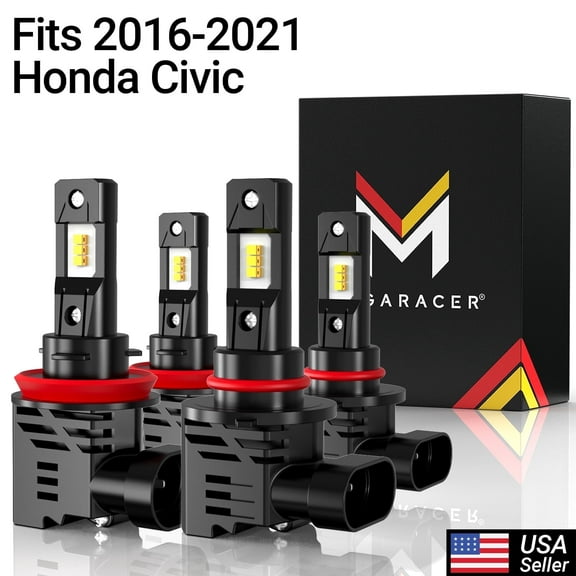 Mega Racer 2016-2021 Honda Civic Wireless H11 9005/HB3 LED Headlight Bulb Combo 4 Pack - 6500K Bright White 12V 50W 12000LM - High & Low Beam Replacement Car Bulbs