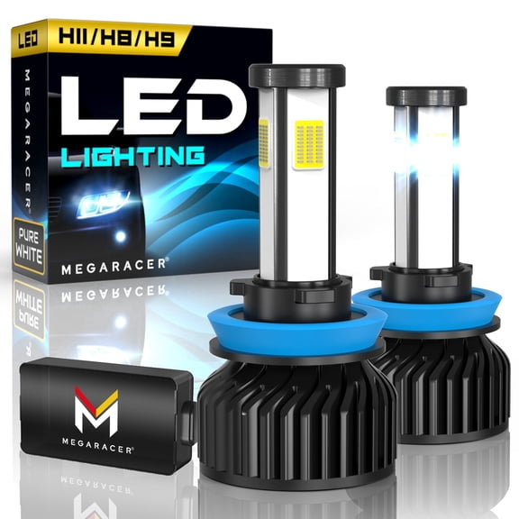 Mega Racer 4 Sided H11 LED Headlight Bulb 2 PACK - 6000K Bright White 60W 10000LM - Low Beam Replacement Car Bulbs