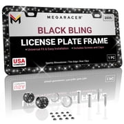 Mega Racer Black Bling License Plate Frame 1 PACK - Premium Crystal Diamond Rhinestones, 2 Holes Stainless Steel, Weatherproof