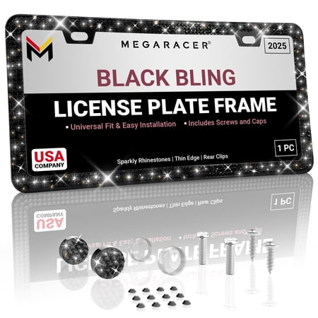Mega Racer Black Bling License Plate Frame 1 PACK - Premium Crystal Diamond Rhinestones, 2 Holes Stainless Steel, Weatherproof
