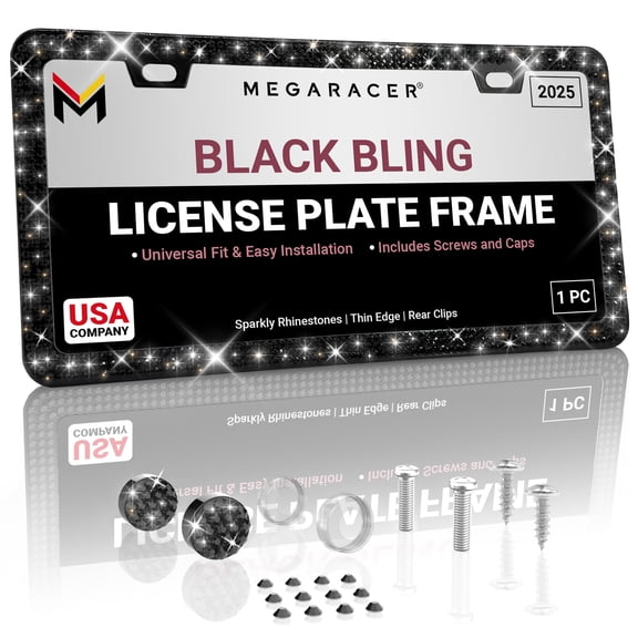 Mega Racer Black Bling License Plate Frame 1 PACK - Premium Crystal Diamond Rhinestones, 2 Holes Stainless Steel, Weatherproof