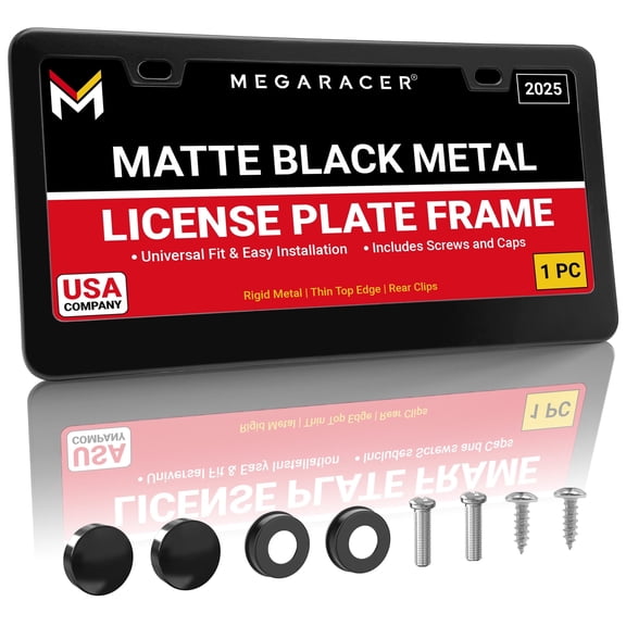 Mega Racer Matte Black License Plate Frame (1 Piece)  Stainless Steel, Rattle-Free, Rust-Resistant, Slim Top Wide Bottom Design, Front or Rear Plate Holder with Black Screw Caps