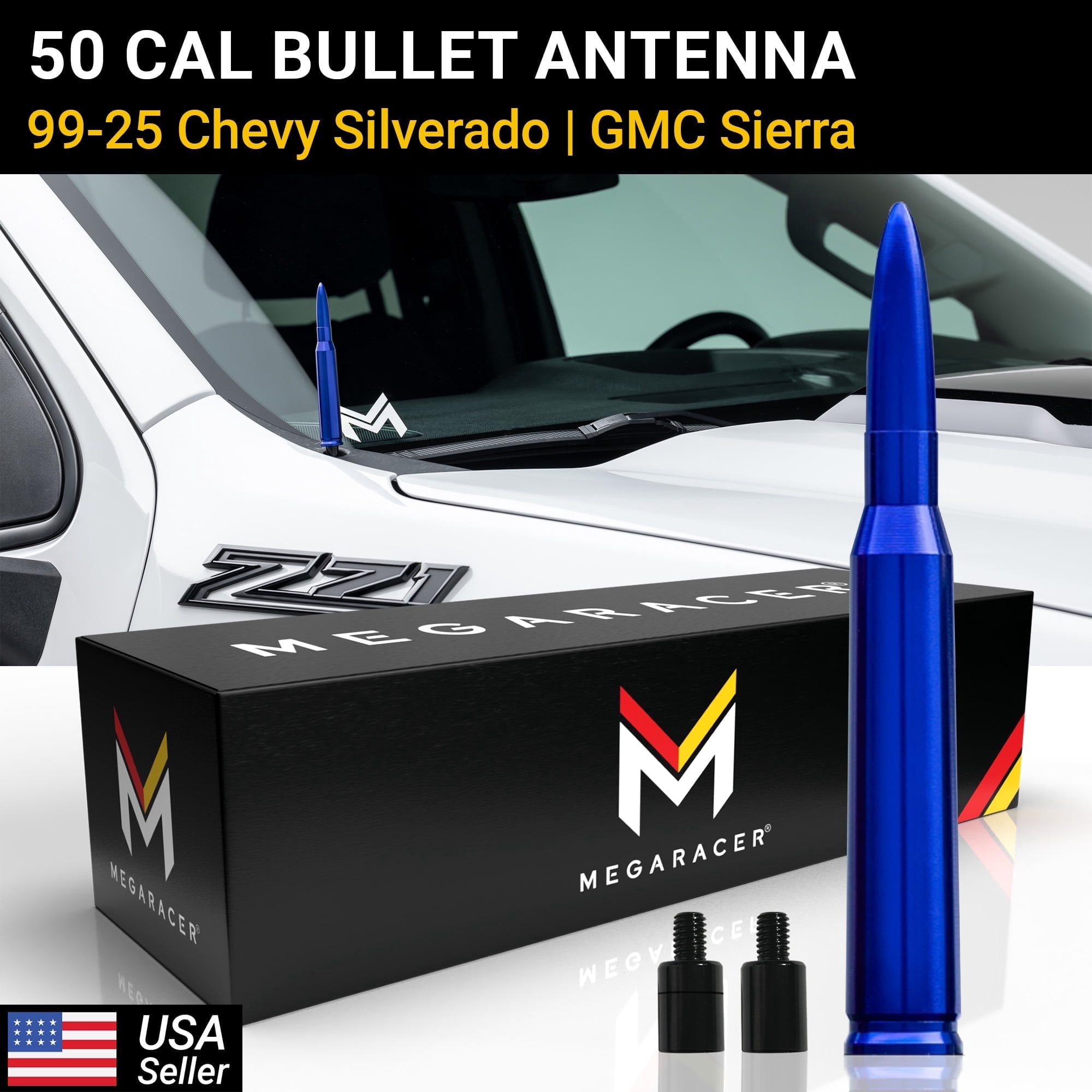 Mega Racer Blue 50 Cal Bullet Antenna for 1999-2026 Chevy Silverado & GMC Sierra – Short Truck Antenna Replacement