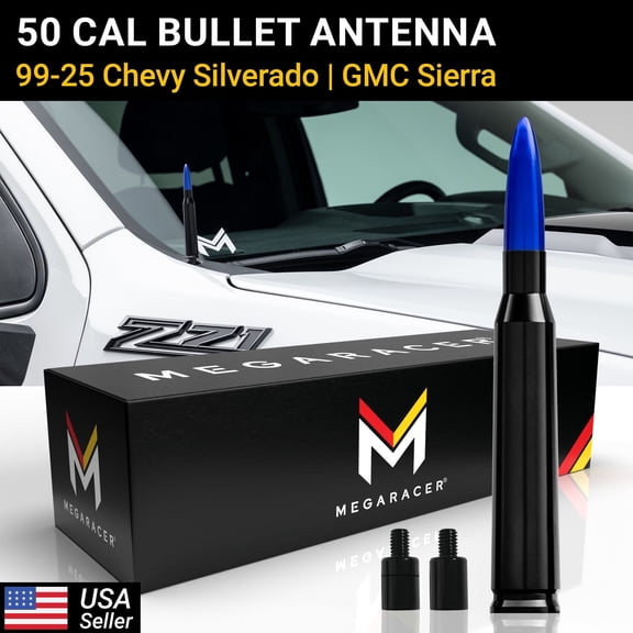 Mega Racer Blue Black 50 Cal Bullet Antenna for 1999-2026 Chevy Silverado & GMC Sierra  Short Truck Antenna Replacement