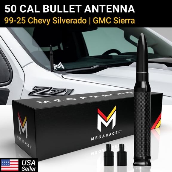 Mega Racer Carbon Fiber 50 Cal Bullet Antenna for 1999-2026 Chevy Silverado & GMC Sierra Short Truck Antenna Replacement
