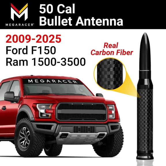 Mega Racer Carbon Fiber 50 Cal Bullet Antenna for 2009-2025 Ford F150 & Ram 1500, 2500, 3500  Short Truck Antenna Replacement