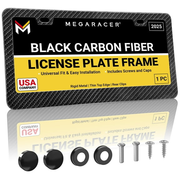 Mega Racer Carbon Fiber Design License Plate Frame (1 Piece)  Stainless Steel, Slim Top Wide Bottom Design, Rattle-Free Front or Rear Plate Holders with Black Screw Caps