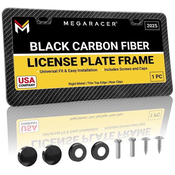 Mega Racer Carbon Fiber Design License Plate Frame (1 Piece) Stainless Steel, Slim Top Wide Bottom Design, Rattle-Free Front or Rear Plate Holders with Black Screw Caps