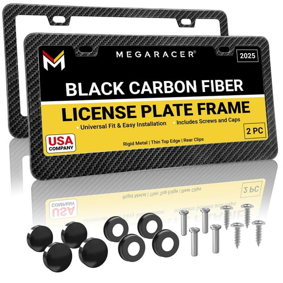 Mega Racer Carbon Fiber Design License Plate Frames (2 Pack) – Stainless Steel, Slim Top Wide Bottom Design, Rattle-Free Front or Rear Plate Holders with Black Screw Caps