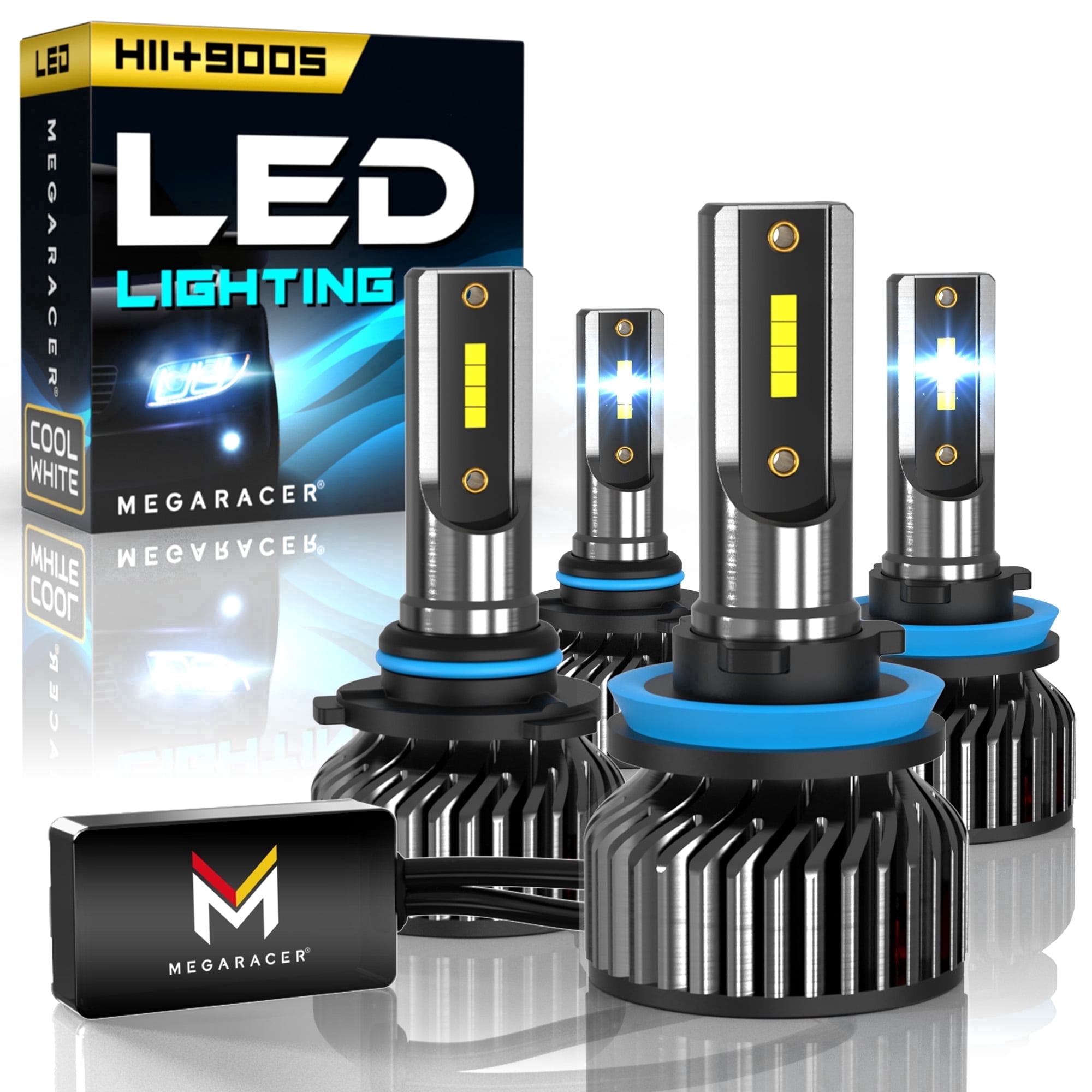 Mega Racer H11 9005 LED Headlight Bulb Combo 4 PACK - 6000K Bright White 12V 60W 16000LM - High & Low Beam Replacement Car Bulbs