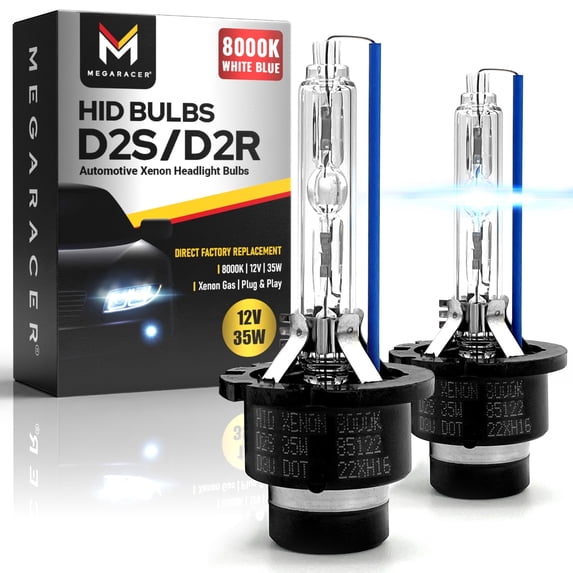 Mega Racer D2S/D2R Headlight Bulb HID Xenon 8000K White Blue 2 PACK - OEM Replacement, 85V AC, 35W, 4000 Lumens Low Beam Car Bulbs
