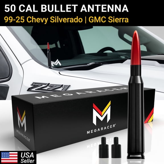 Mega Racer Red Black 50 Cal Bullet Antenna for 1999-2026 Chevy Silverado & GMC Sierra Short Truck Antenna Replacement