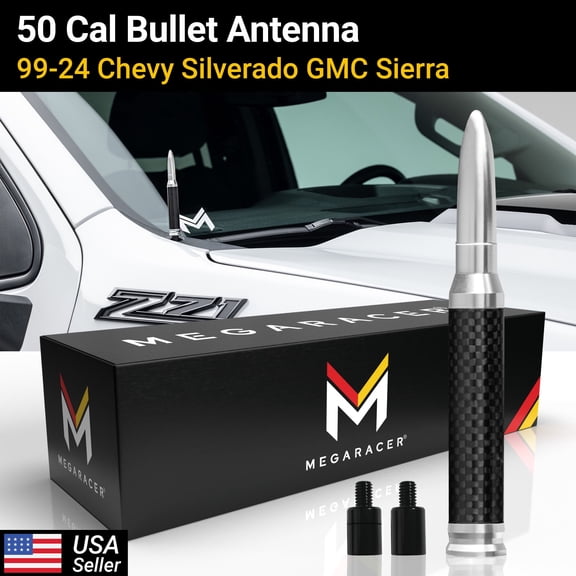 Mega Racer Silver Carbon Fiber 50 Cal Bullet Antenna for 1999-2025 Chevy Silverado & GMC Sierra – Short Truck Antenna Replacement