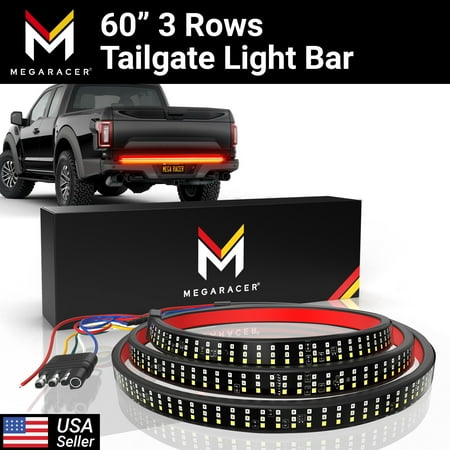 Mega Racer Triple Row 60 Inch Truck LED Tailgate Light Bar, 1 PACK - Waterproof, Amber Turn Signal, Red Brake Light, White Reverse Light
