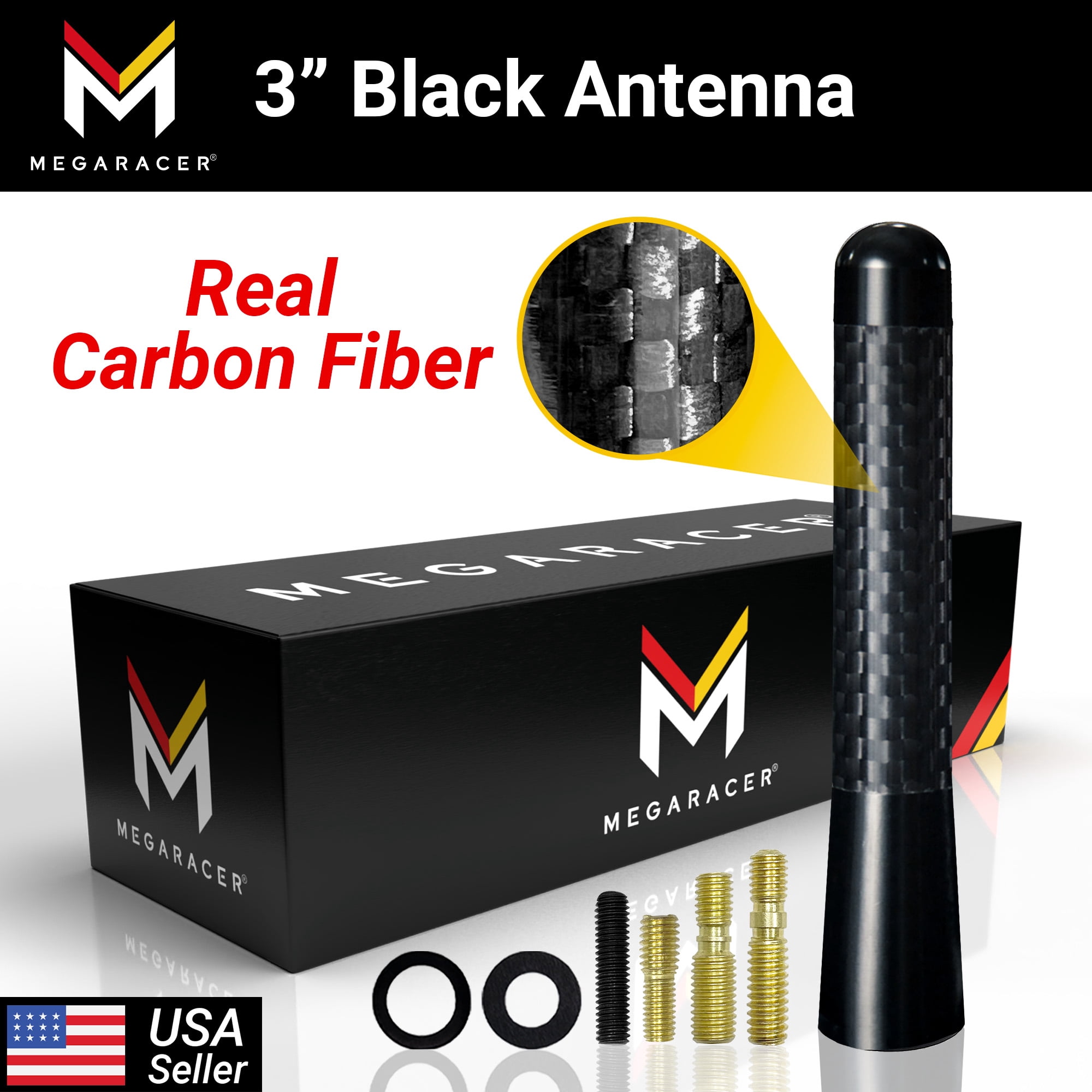 Mega Racer Universal 3" Carbon Fiber Antenna  Short Stubby Replacement for Cars and Trucks - Pack of 1