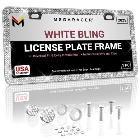 Mega Racer White Bling License Plate Frame 1 PACK - Premium Crystal Diamond Rhinestones, 2 Holes Stainless Steel, Weatherproof