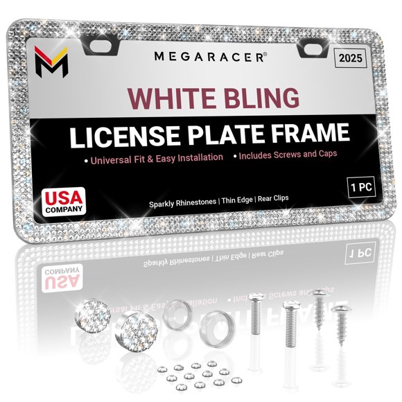 Mega Racer White Bling License Plate Frame 1 PACK - Premium Crystal Diamond Rhinestones, 2 Holes Stainless Steel, Weatherproof