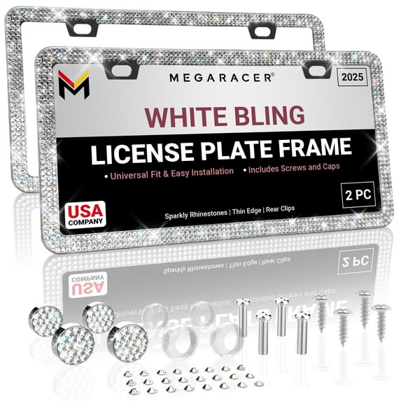 Mega Racer White Bling License Plate Frames for Women 2 PACK - Premium Crystal Diamond Rhinestones, 2 Holes Stainless Steel