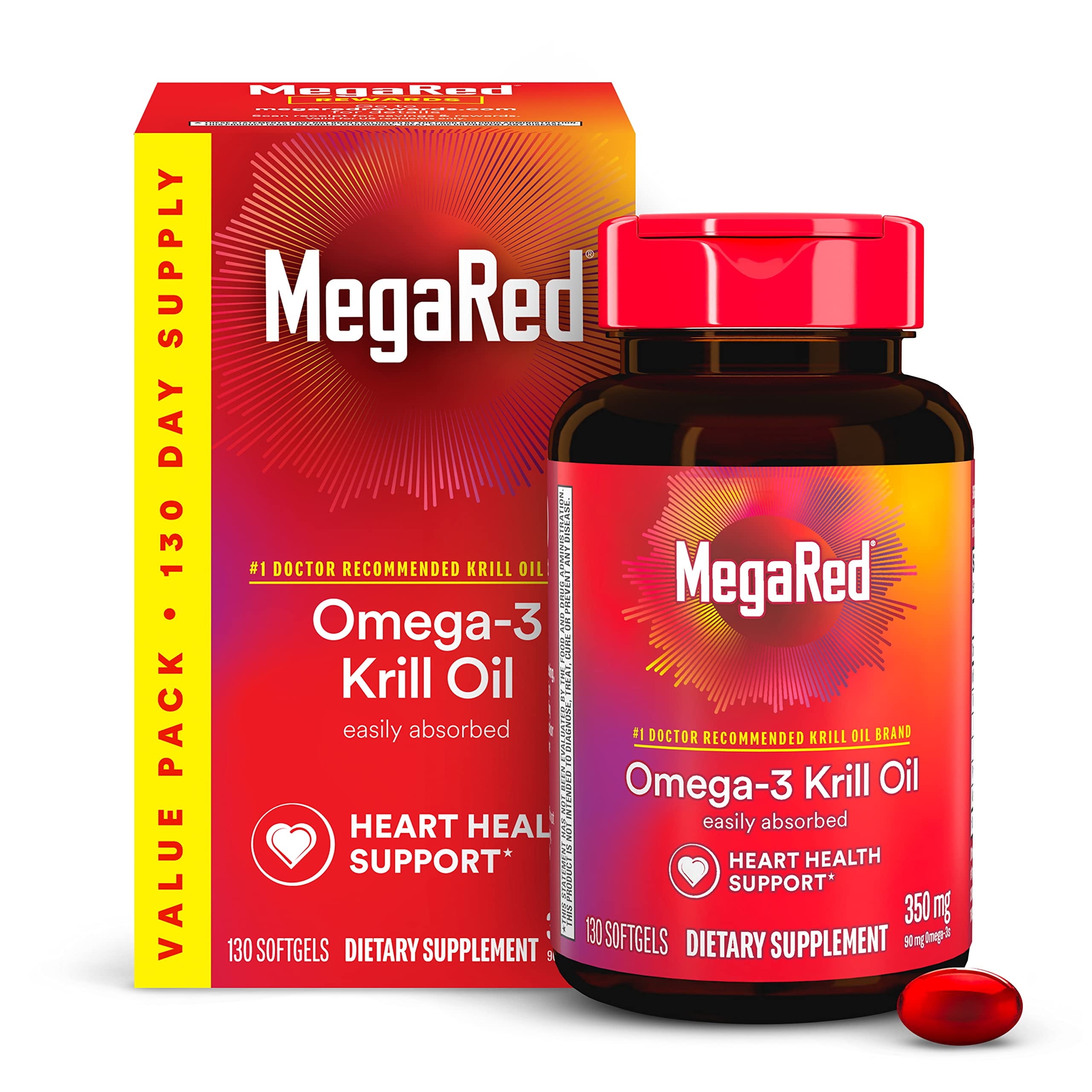 Mega-Red - Omega-3 Krill Oil 350mg Softgels (130 Count in A Bottle), EPA & DHA Omega-3 Fatty Acids with No Fishy Aftertaste Unlike Fish Oil, Contains Antioxidant Astaxanthin