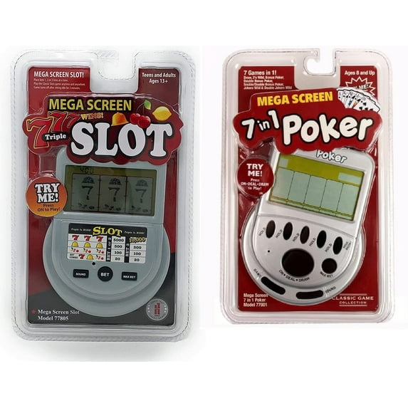 Mega Screen Electronic Game Bundle - Mega Screen Slot Machine Handheld Game and Mega Screen 7 in 1 Handheld Poker Game