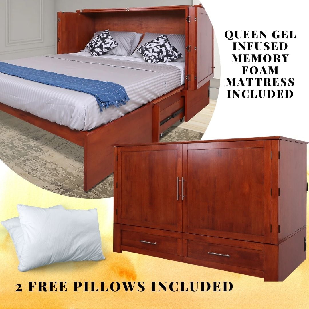 Mega Solutions Daily Delight Murphy Cabinet Chest Bed with Charging Station & 6" Memory Foam Mattress, Queen (Cherry)