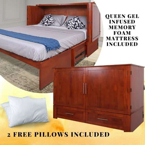 Mega Solutions Daily Delight Murphy Cabinet Chest Bed with Charging Station & 8" Memory Foam Mattress, Queen (Cherry)