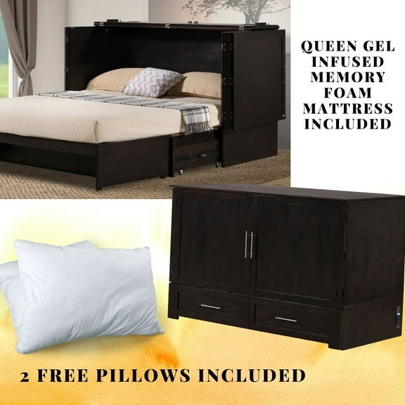 Mega Solutions Daily Delight Murphy Cabinet Chest Bed with Charging Station & 8" Memory Foam Mattress, Queen (Java)