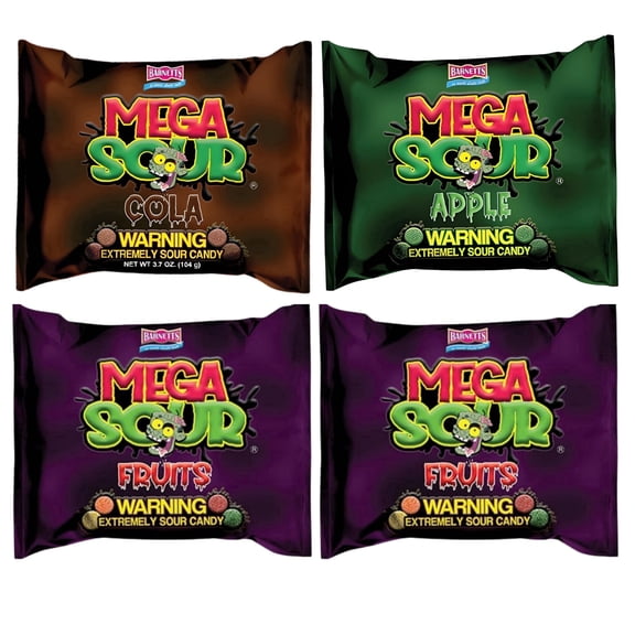 Mega Sour Candy Variety Pack Assorted Sour Candy Mix, Fruits, Apple & Cola Flavors, Individually Wrapped Candies, 4-Pack Gift Set