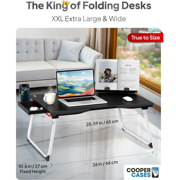 Mega Table Plus Premium XXL Extra Large Laptop Desk for Bed, Table for Laptop in Bed, Desk for Floor | Portable, Folding Legs, Book Stand, Tablet Groove, Drawer, Extra Wide Surface (White Oak)