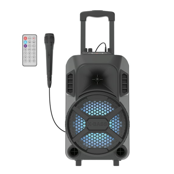 MegaBass LED Jobsite Speaker, Rechargeable Bluetooth Party Speaker with 8in. Subwoofer and Microphone