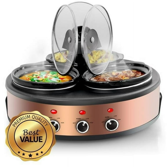MegaChef 1.5 qt. Round Triple Slow Cooker & Buffet Server with 3 Ceramic Cooking Pots & Removable Lid Rests - Brushed Copper & Black