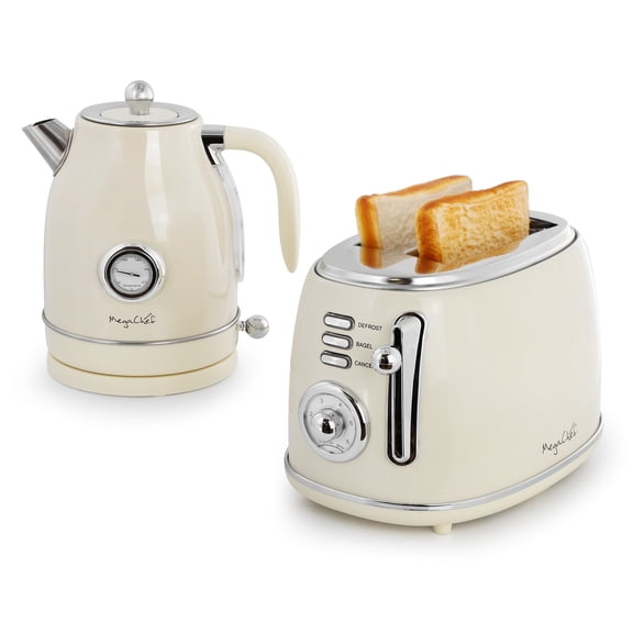 MegaChef 1.7 Liter Electric Tea Kettle and 2 Slice Toaster Combo Gloss Cream