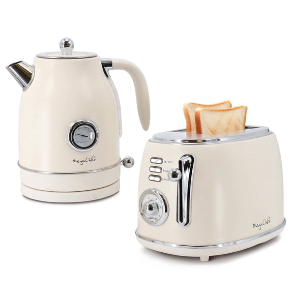 MegaChef 1.7 Liter Electric Tea Kettle and 2 Slice Toaster Combo in Matt Cream