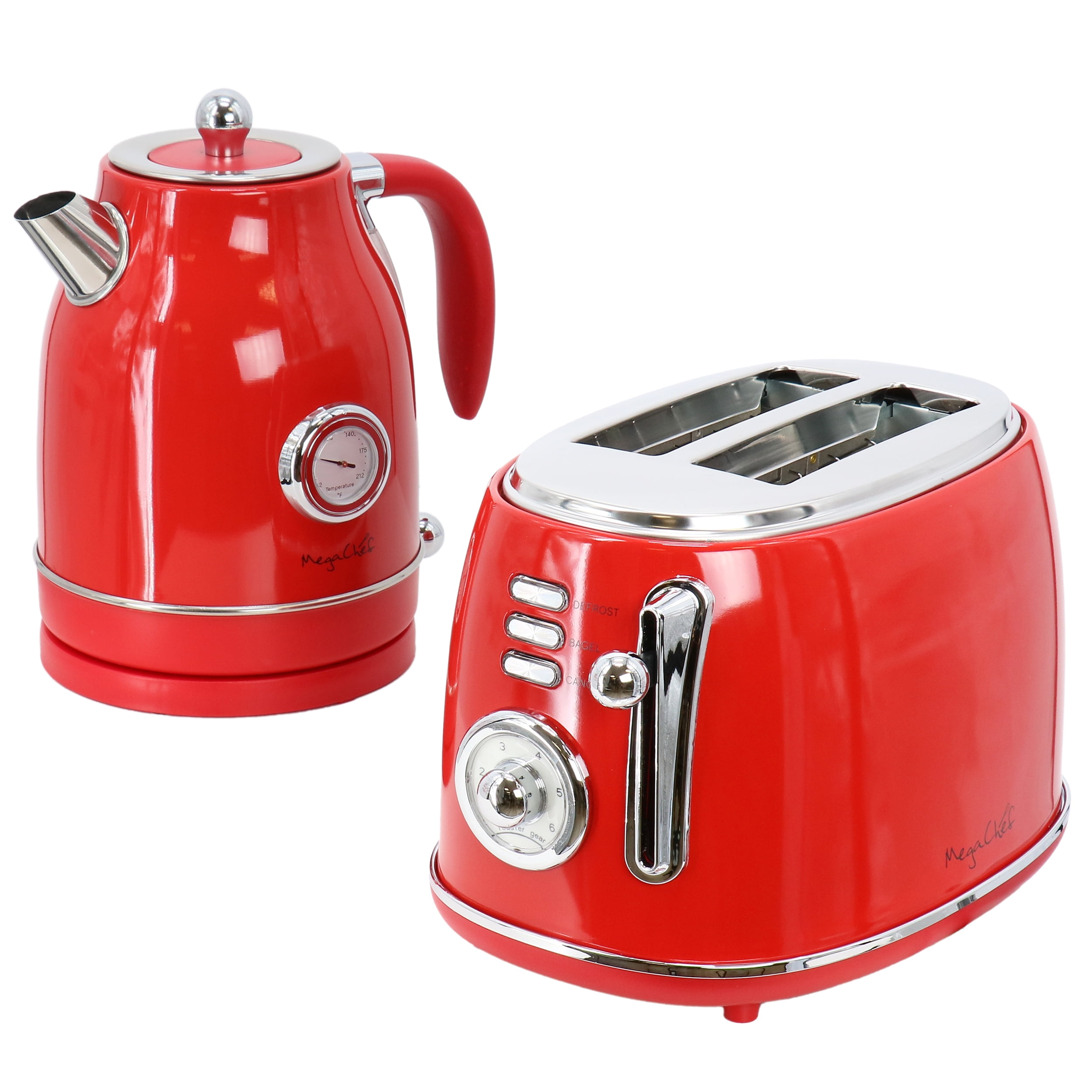 MegaChef 1 7 Liter Electric Tea Kettle And 2 Slice Toaster Combo In Red MegaChef 1 7 Liter Electric Tea Kettle And 2 Slice Toaster Combo In Red