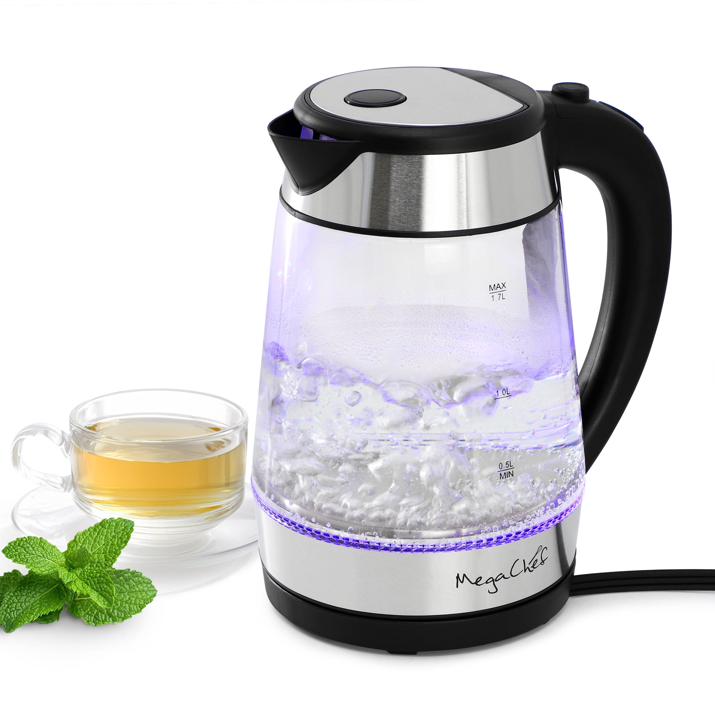 MegaChef 1.7L Silver and Glass Electric Tea Kettle with Auto Shut-Off