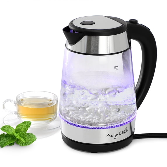 MegaChef 1.7 Liter Glass and Stainless Steel Electric Tea Kettle in Silver