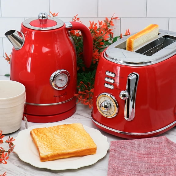 MegaChef 1.7 Quart Electric Tea Kettle and 2 Slice Toaster Combo (Red)