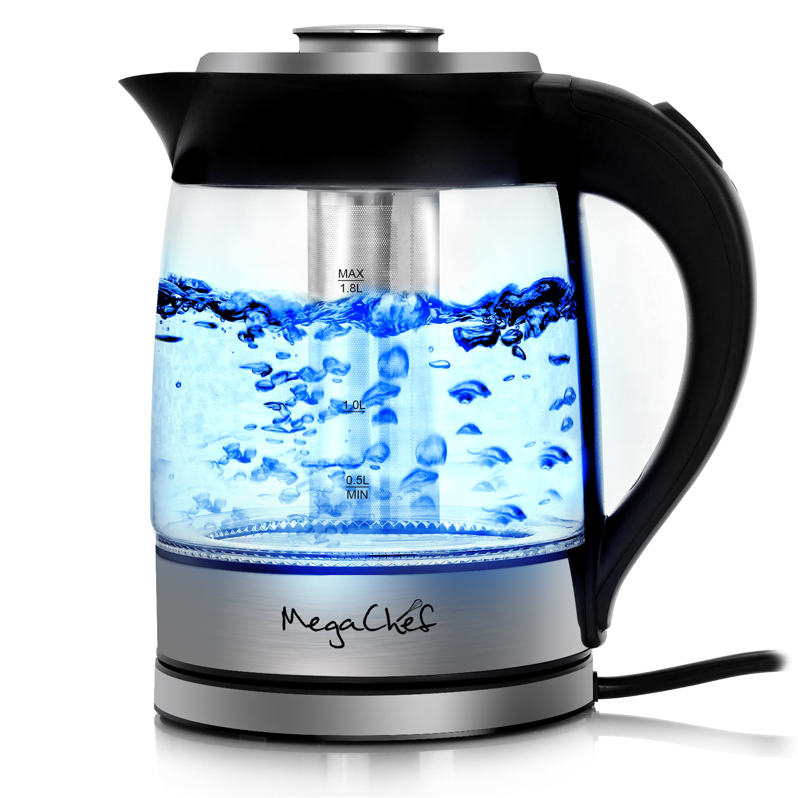 MegaChef 1.8 Liter Cordless Glass and Stainless Steel Electric Tea Kettle with Tea Infuser - image 1 of 2