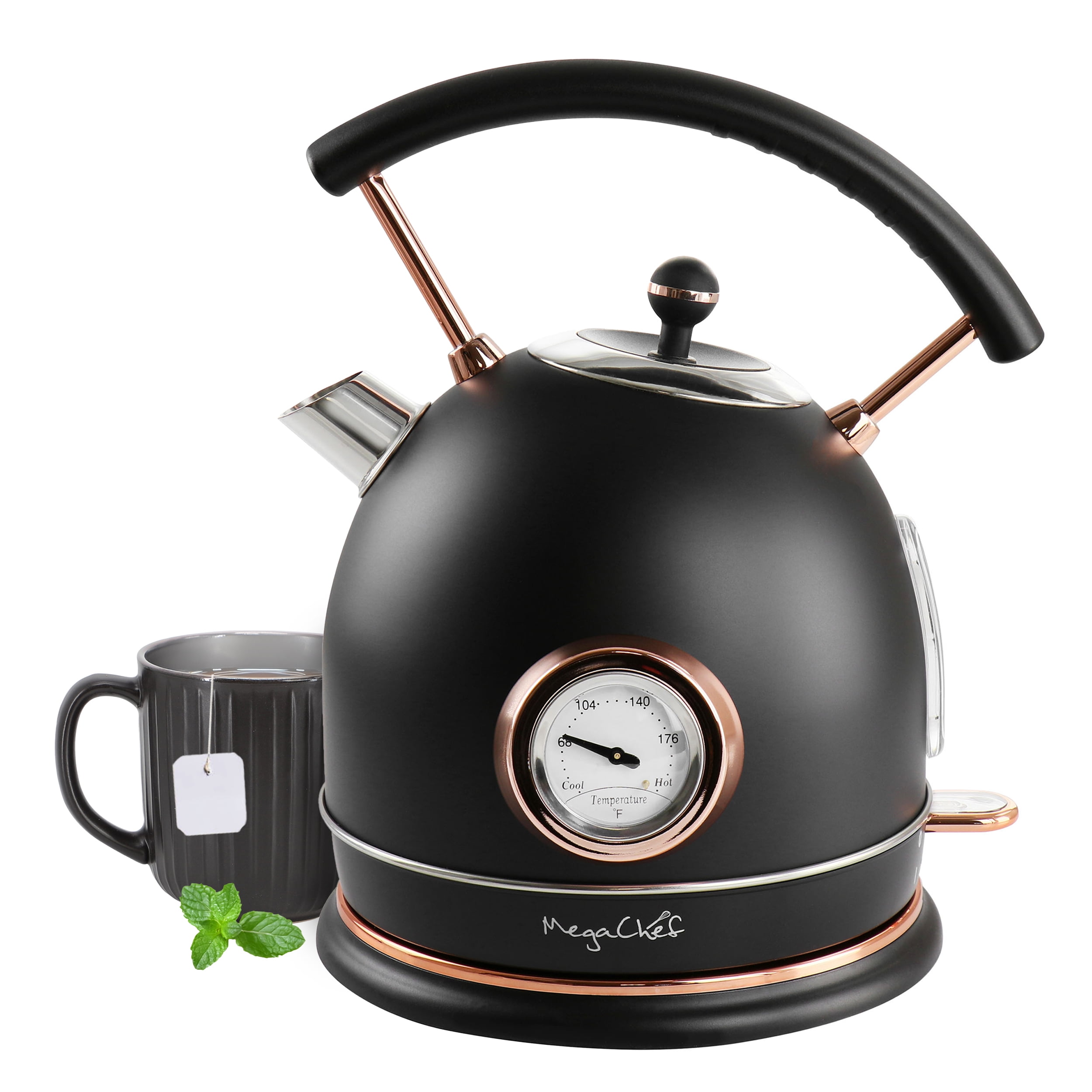 MegaChef 1.8 Liter Half Circle Electric Tea Kettle with Thermostat in Matte Black