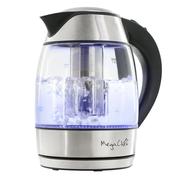MegaChef 1.8Lt. Glass Body and Stainless Steel Electric Tea Kettle with Tea Infuser