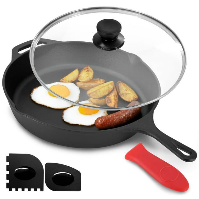 MegaChef 12 in Oven Safe Cast Iron Skillet with Tempered Glass Lid