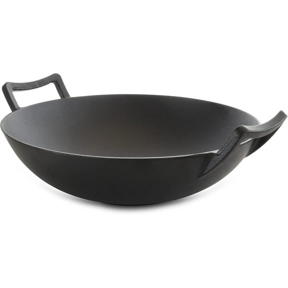 MegaChef 14-Inch Heavy Duty Cast Iron Wok with Wooden Lid Pre-Seasoned for Stir Fry, Saut, and More