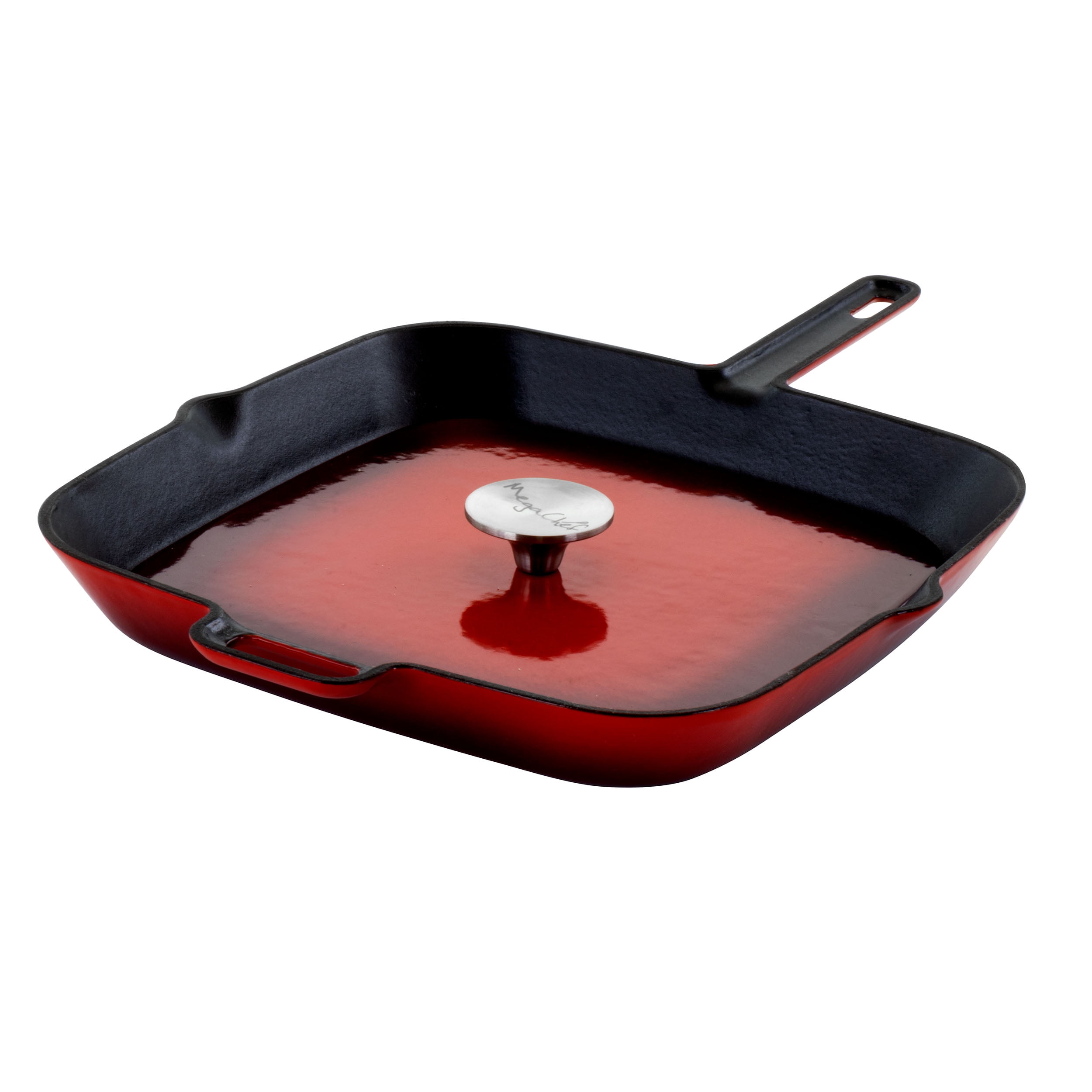MegaChef 14 Inch Square Enamel Cast Iron Grill Pan in Red with Press