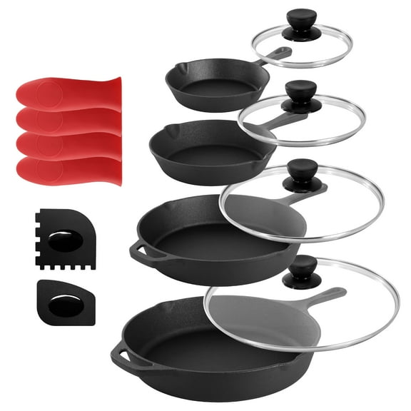MegaChef 14 Piece Cast Iron Skillet Set with Tempered Glass Lids & Silicone Holders