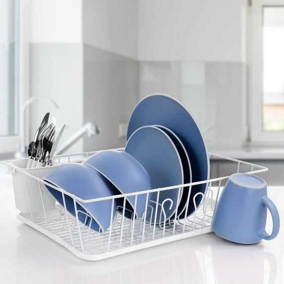 MegaChef 17.5 Inch White Single Level Dish Rack with 14 Plate Positioners and a Detachable Utensil Holder