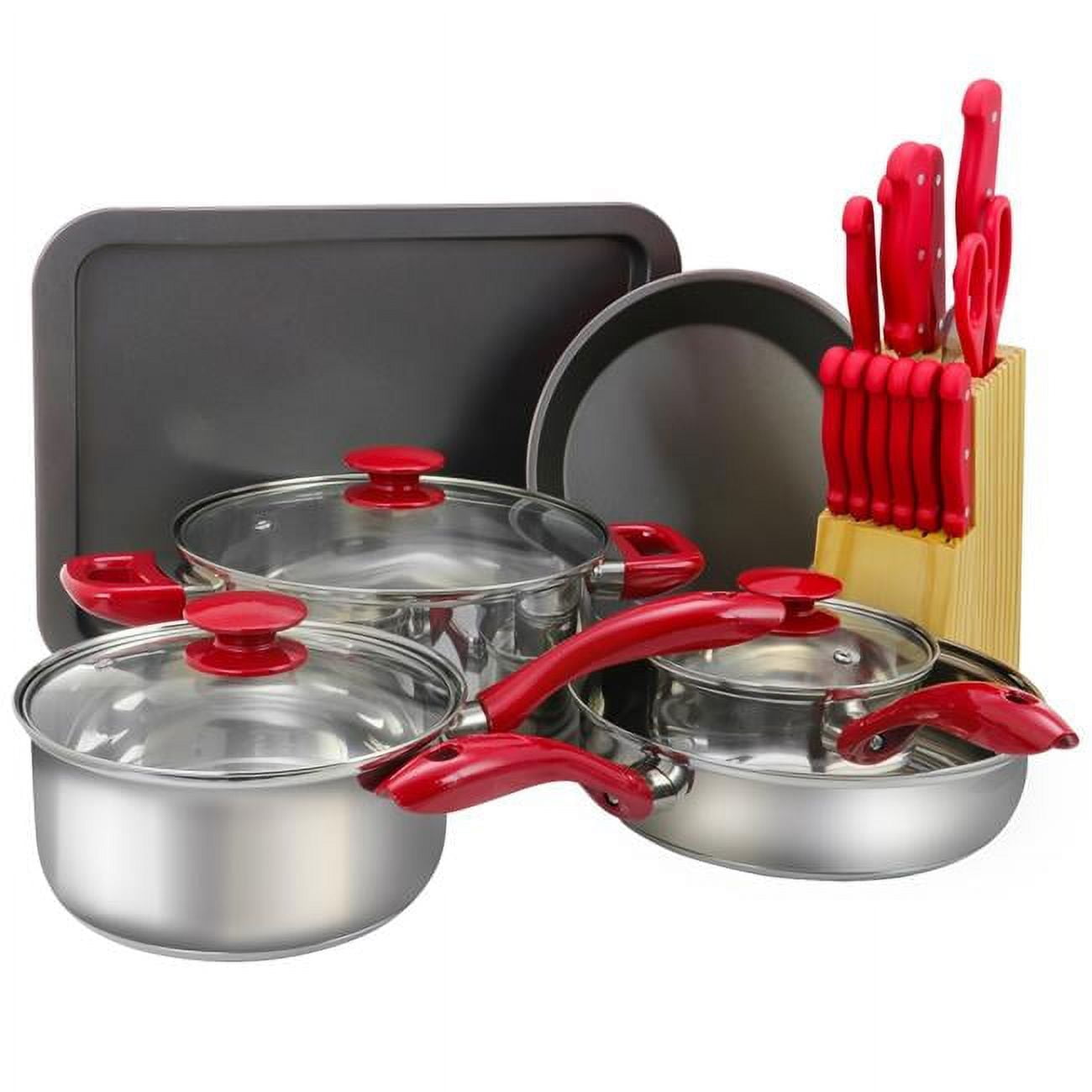 MegaChef 22-Piece Red Non-Stick Stainless Steel Cookware Set