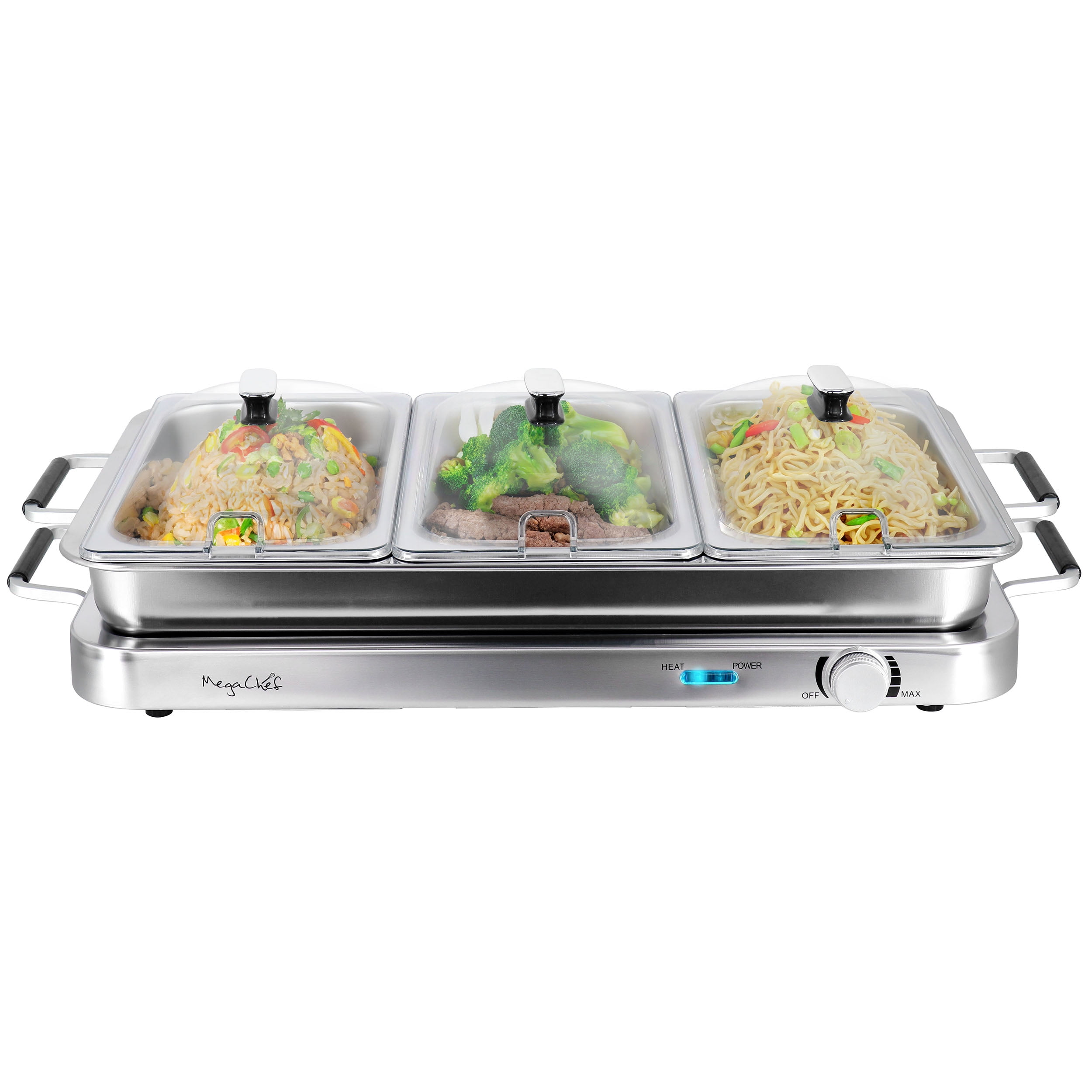 MegaChef 3 in. 1 Electric Chaffing Buffet Server and Warming Tray with Triple 2.63 Quart Trays and 8.6 Quart Baking Pan