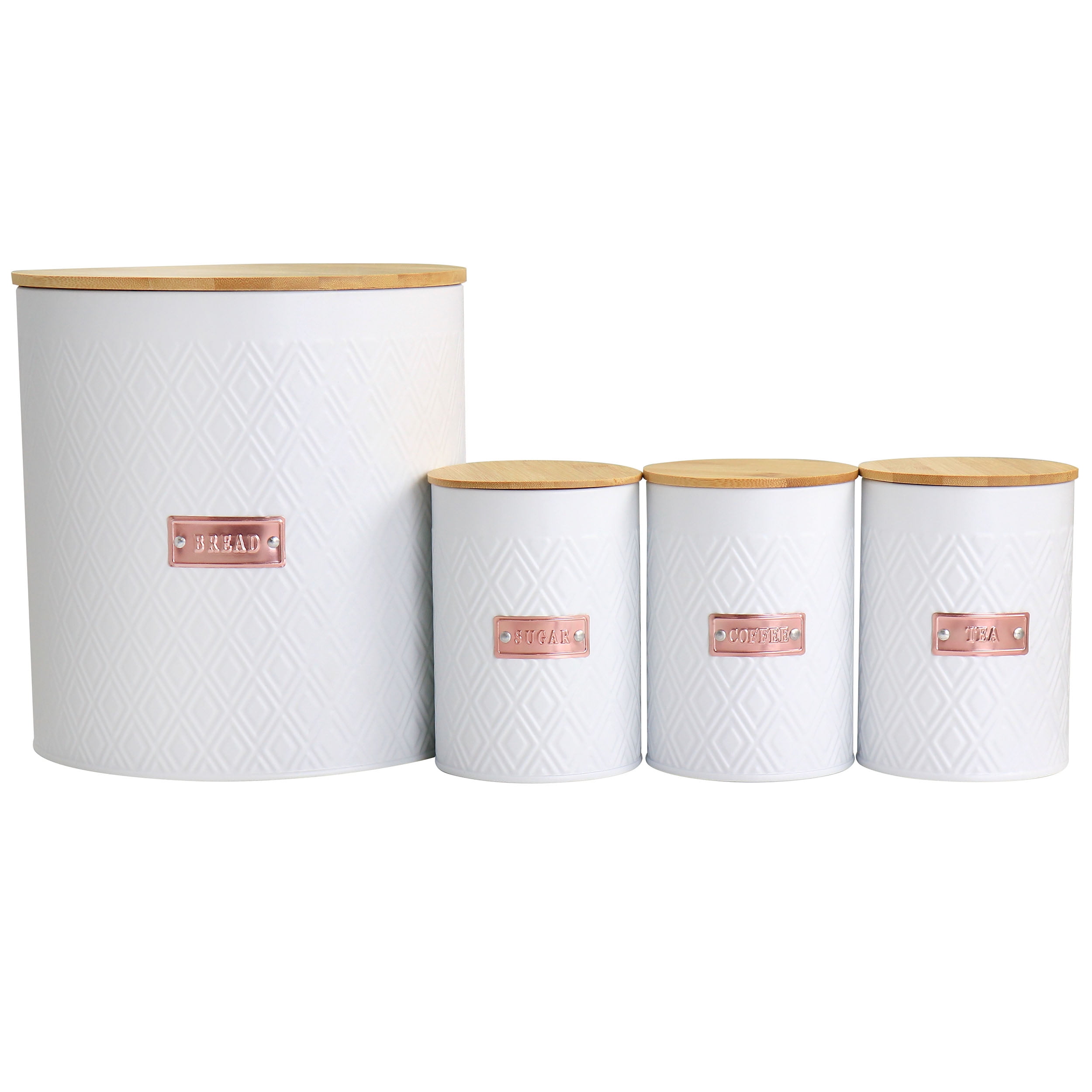 White Diamond Pattern Iron Canister Set with Bamboo Lids