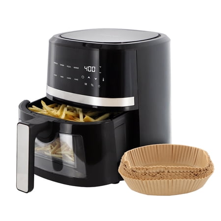 MegaChef 4 Quart Digital LED Display Electric Air Fryer with Transparent Window in Black with 125 Piece Paper Liners
